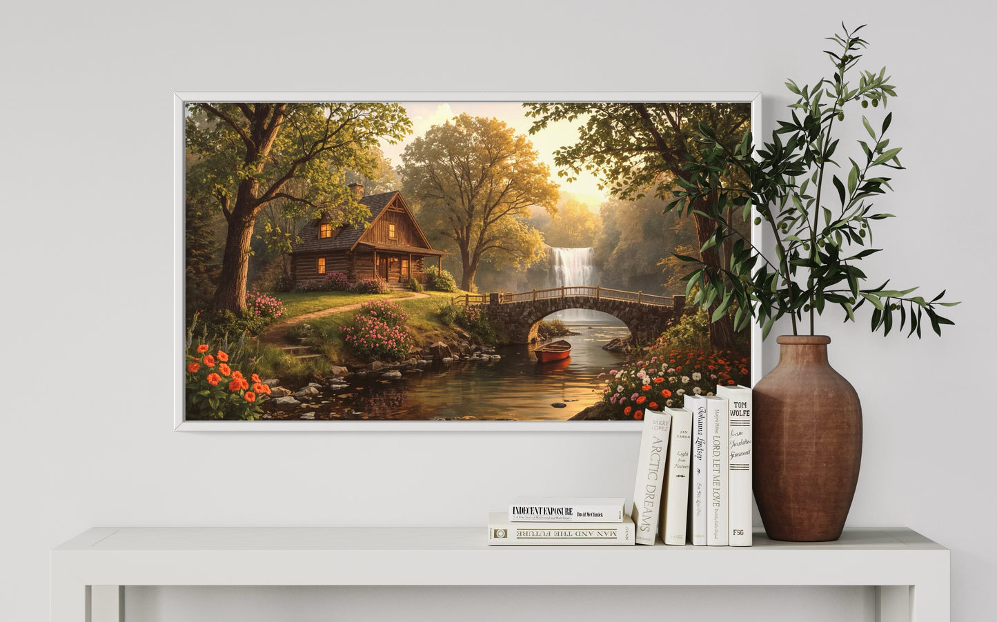Riverside wooden cabin at golden hour with flowers