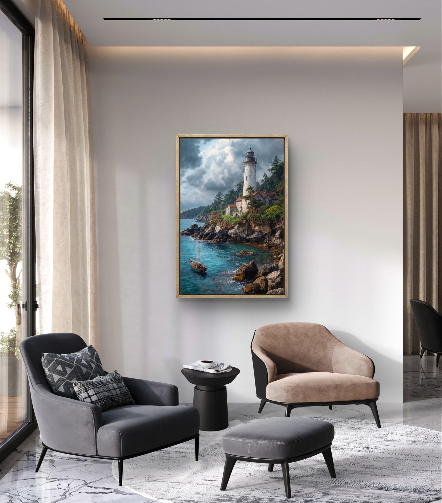 Guardians of the Shore — Lighthouse & Sailboat Wall Art