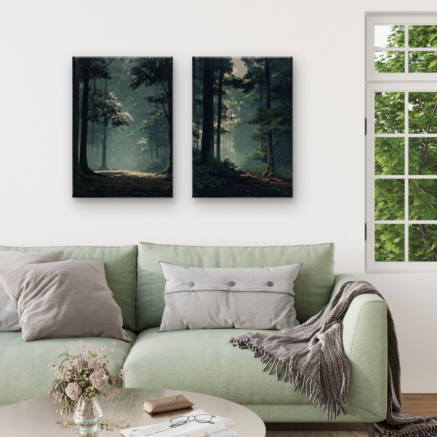 Neutral Moody Forest Wall Art Set of 2 | Green Landscape Canvas