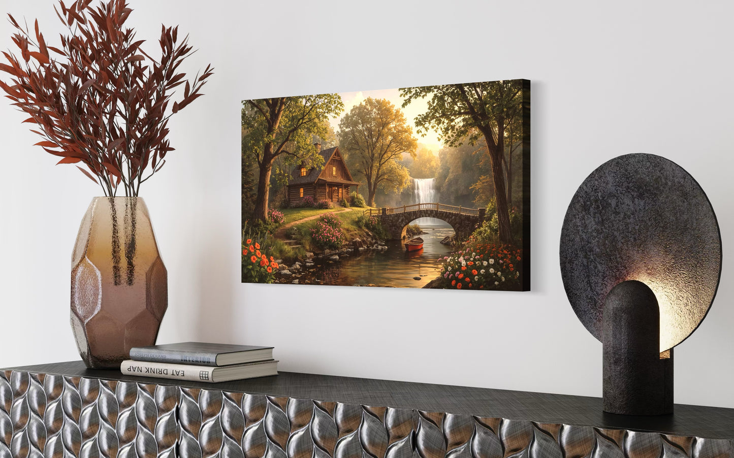 Riverside wooden cabin at golden hour with flowers