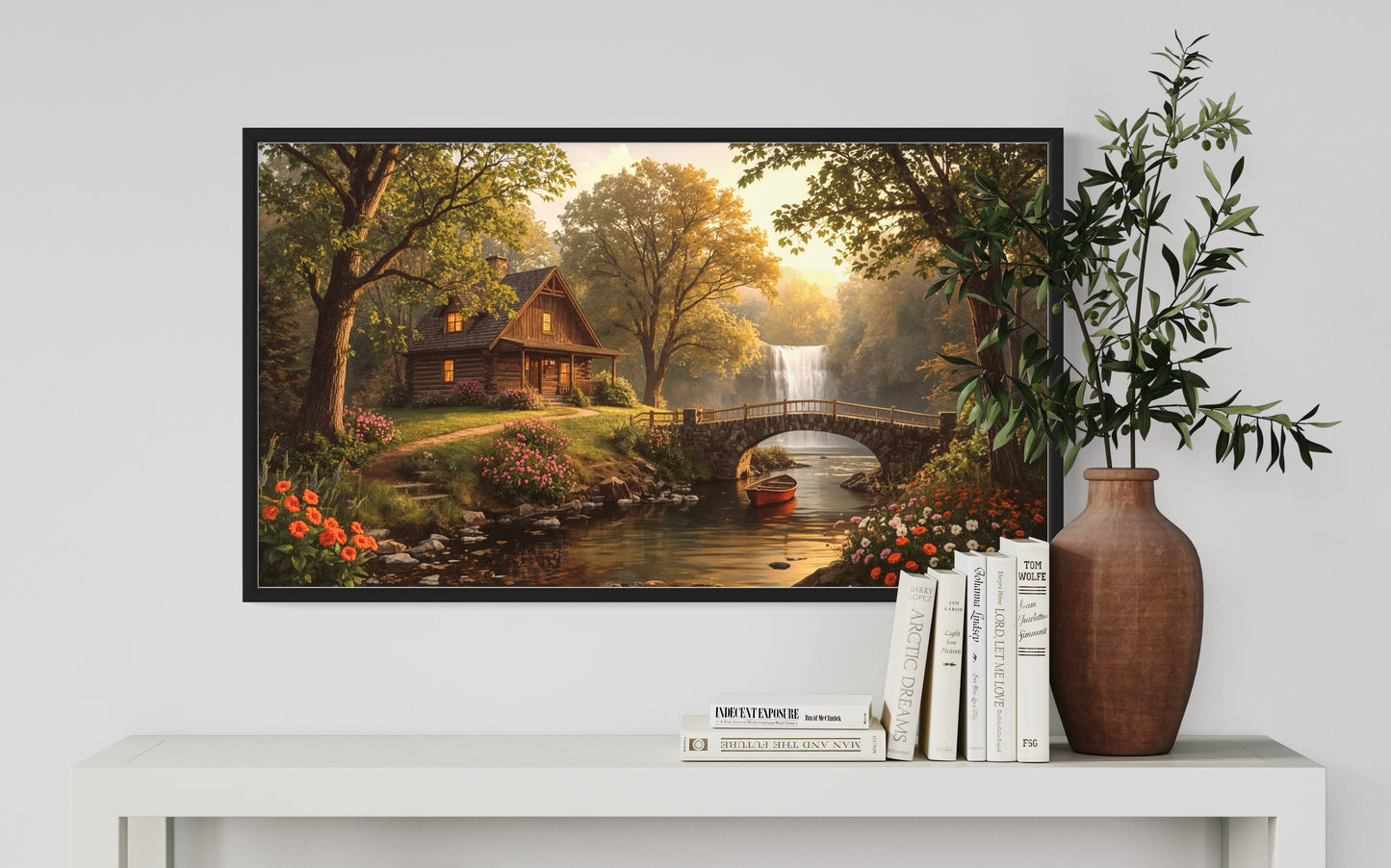 Riverside wooden cabin at golden hour with flowers