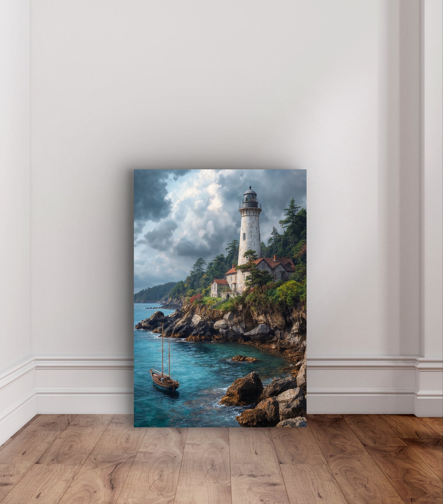 Guardians of the Shore — Lighthouse & Sailboat Wall Art