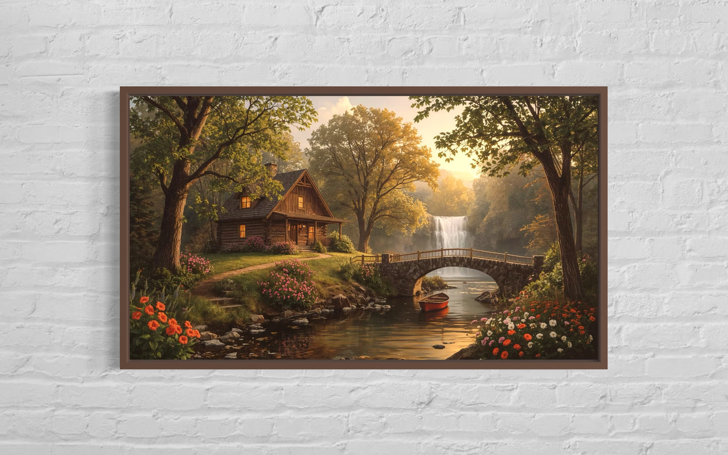 Riverside wooden cabin at golden hour with flowers