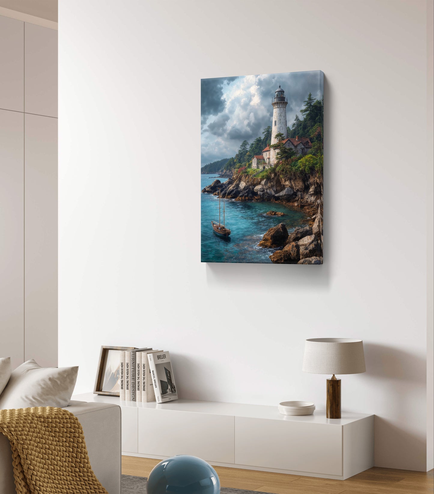 Guardians of the Shore — Lighthouse & Sailboat Wall Art