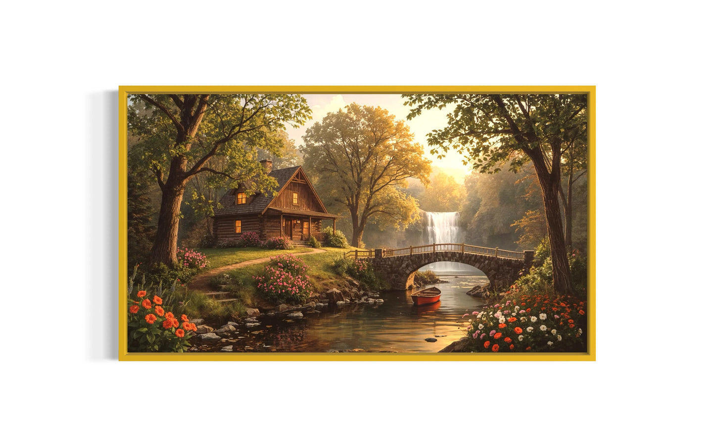 Riverside wooden cabin at golden hour with flowers