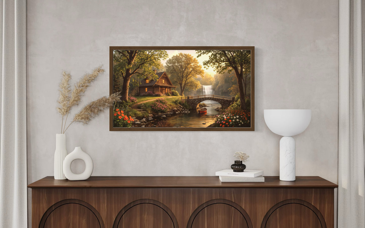 Riverside wooden cabin at golden hour with flowers