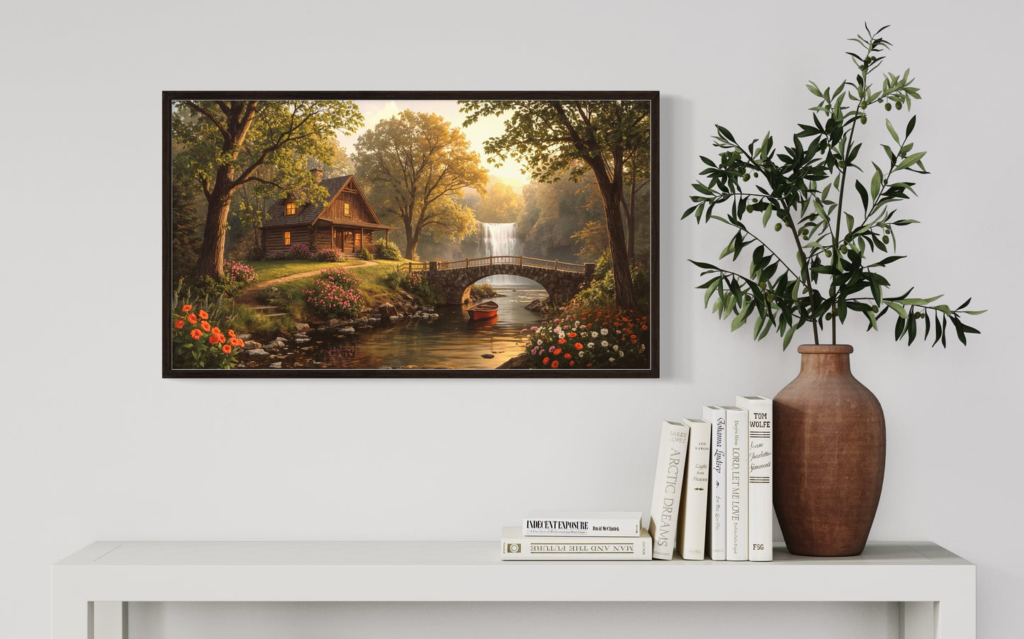 Riverside wooden cabin at golden hour with flowers
