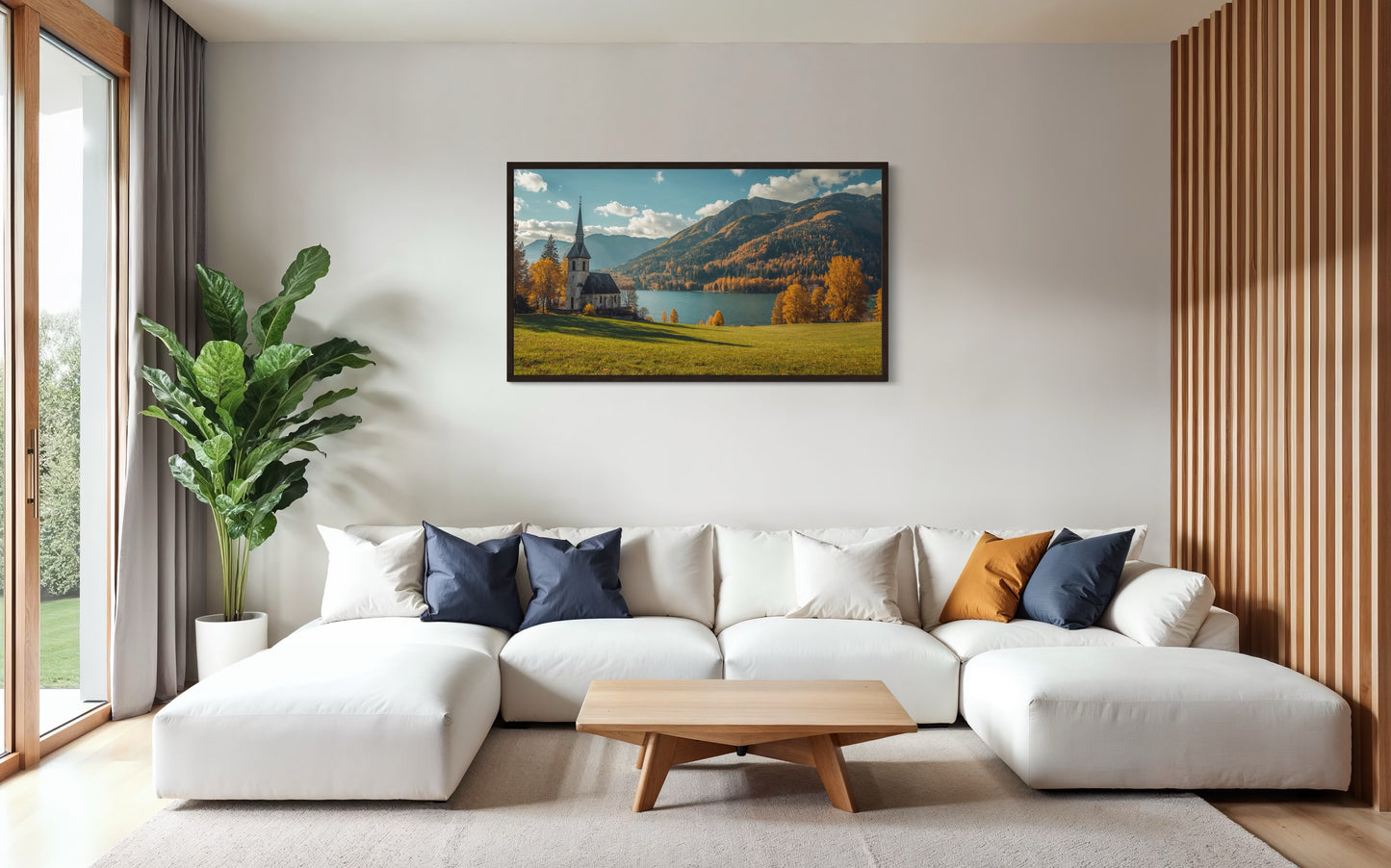 “Autumn Serenity – Church by the Lake Wall Art Print”