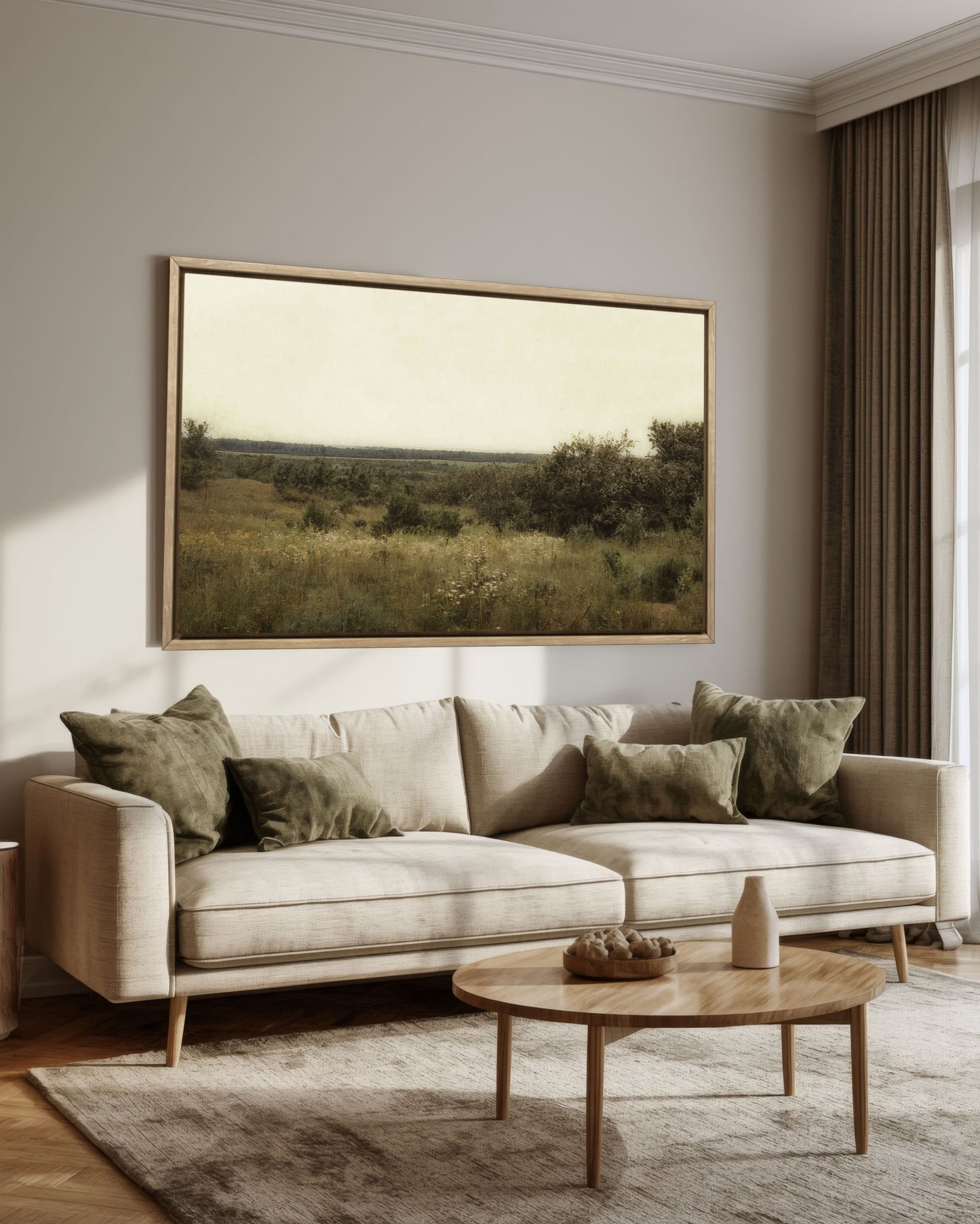 Whispering Meadow Landscape Wall Art – Vintage Neutral Countryside Canvas Print