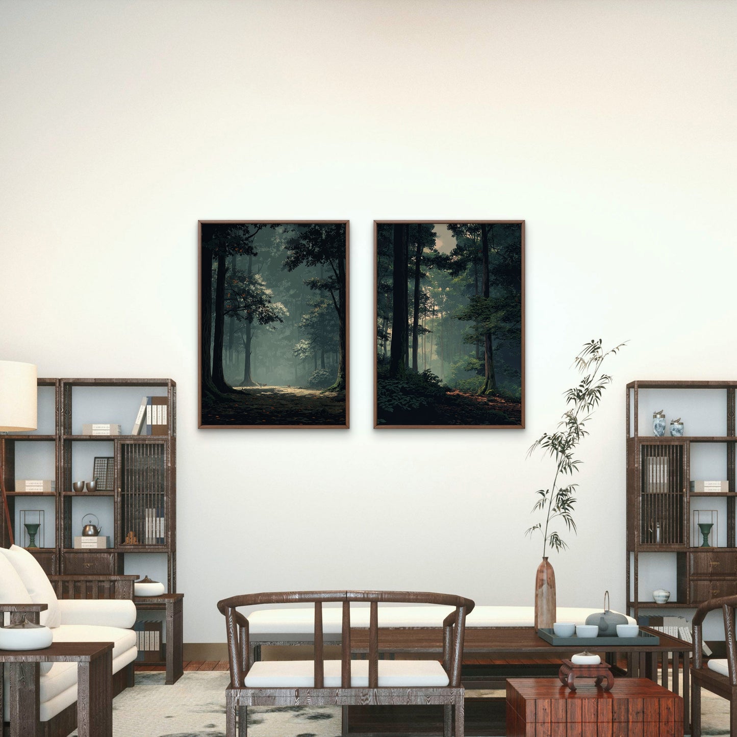 Neutral Moody Forest Wall Art Set of 2 | Green Landscape Canvas