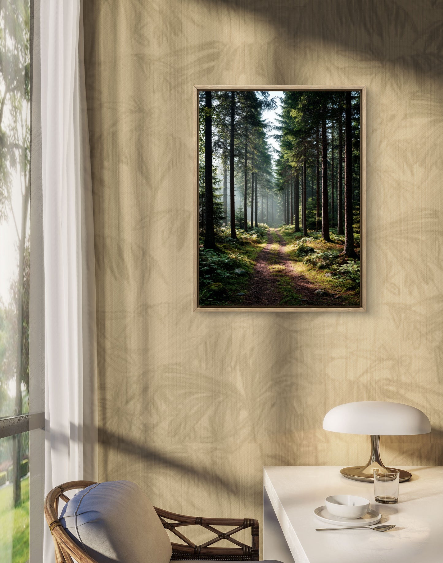 Sunlit Pine Forest Path Dark Green Landscape Wall Art