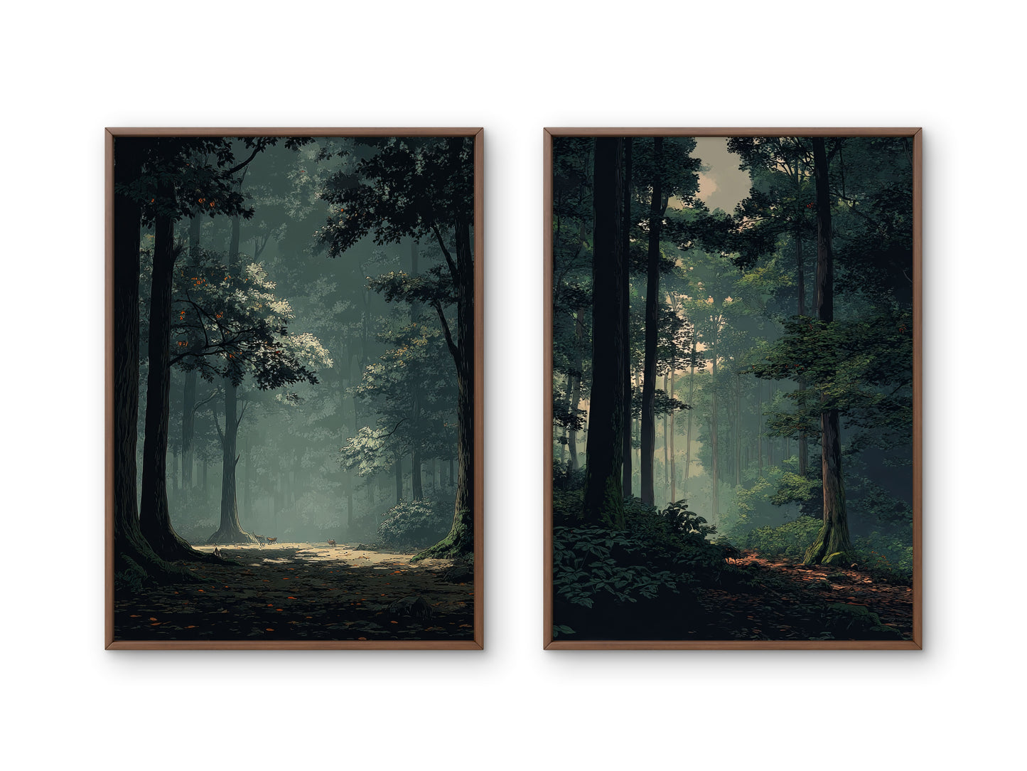 Neutral Moody Forest Wall Art Set of 2 | Green Landscape Canvas