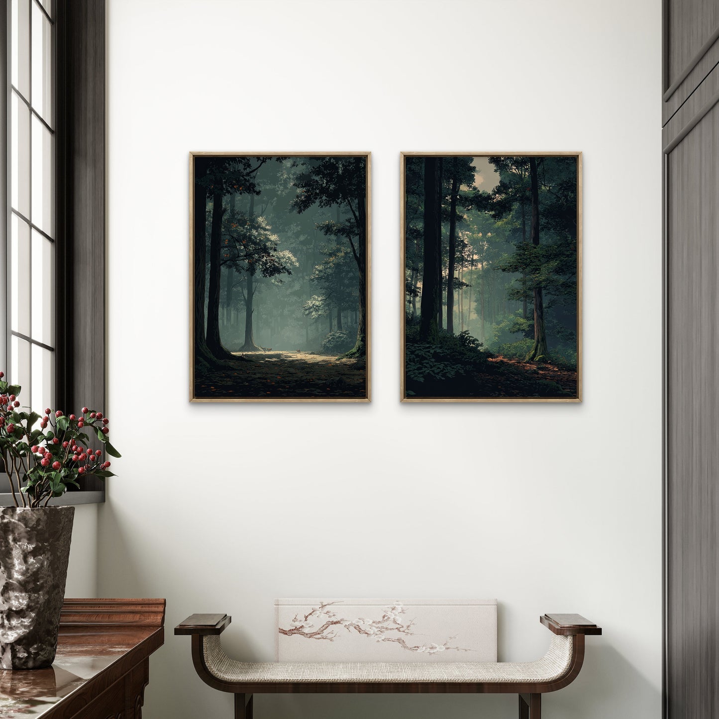 Neutral Moody Forest Wall Art Set of 2 | Green Landscape Canvas
