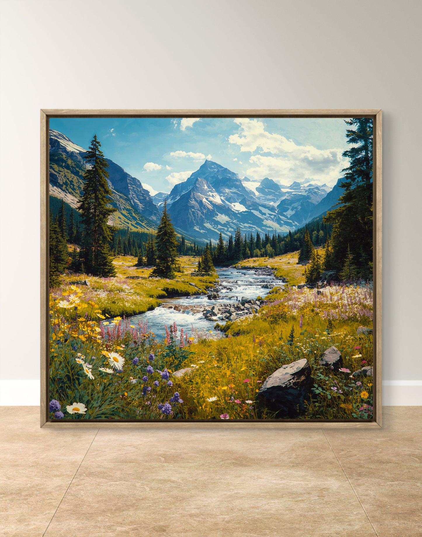 Mountain Landscape Wall Art, River Canvas Print, Nature Wall Decor, Square Wall Art, Framed Canvas, Living Room Art