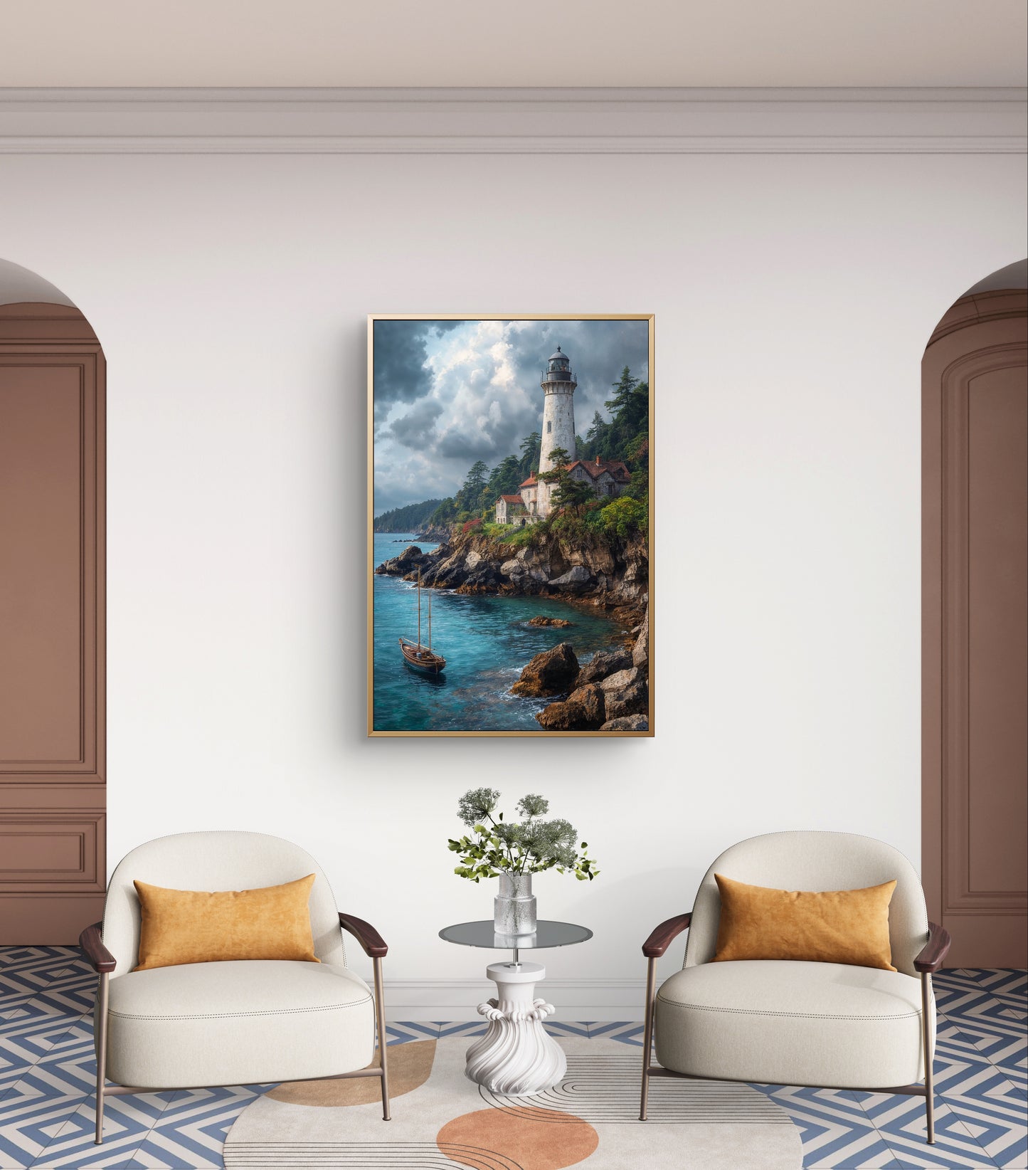 Guardians of the Shore — Lighthouse & Sailboat Wall Art