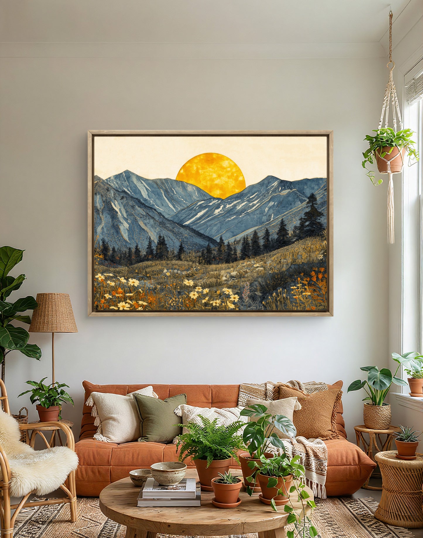 Boho Mountain Sunset Wall Art – Golden Sun Landscape Canvas