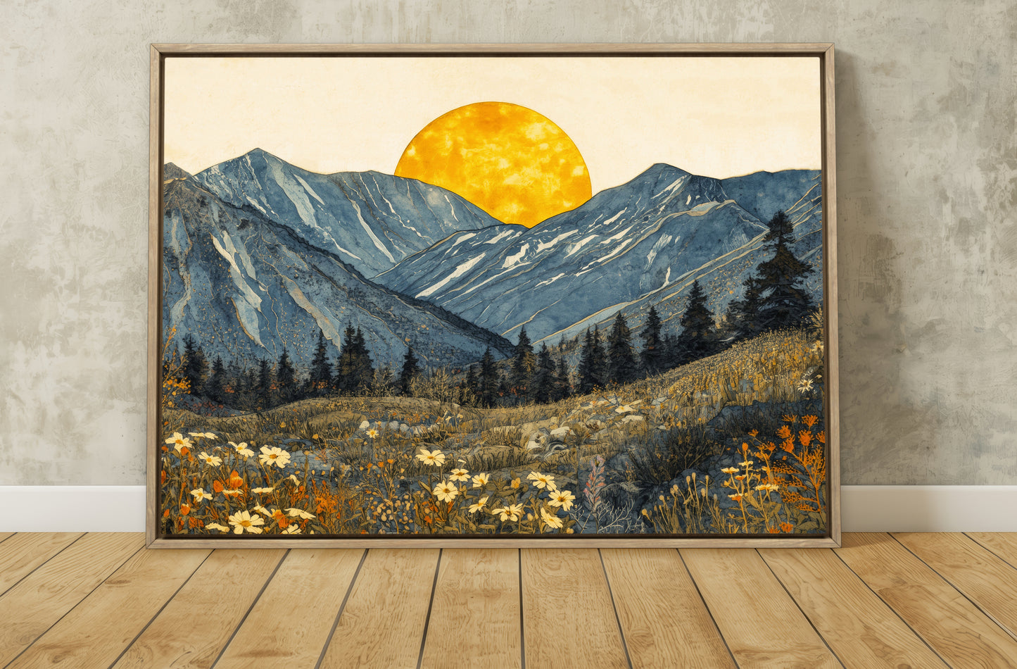 Boho Mountain Sunset Wall Art – Golden Sun Landscape Canvas