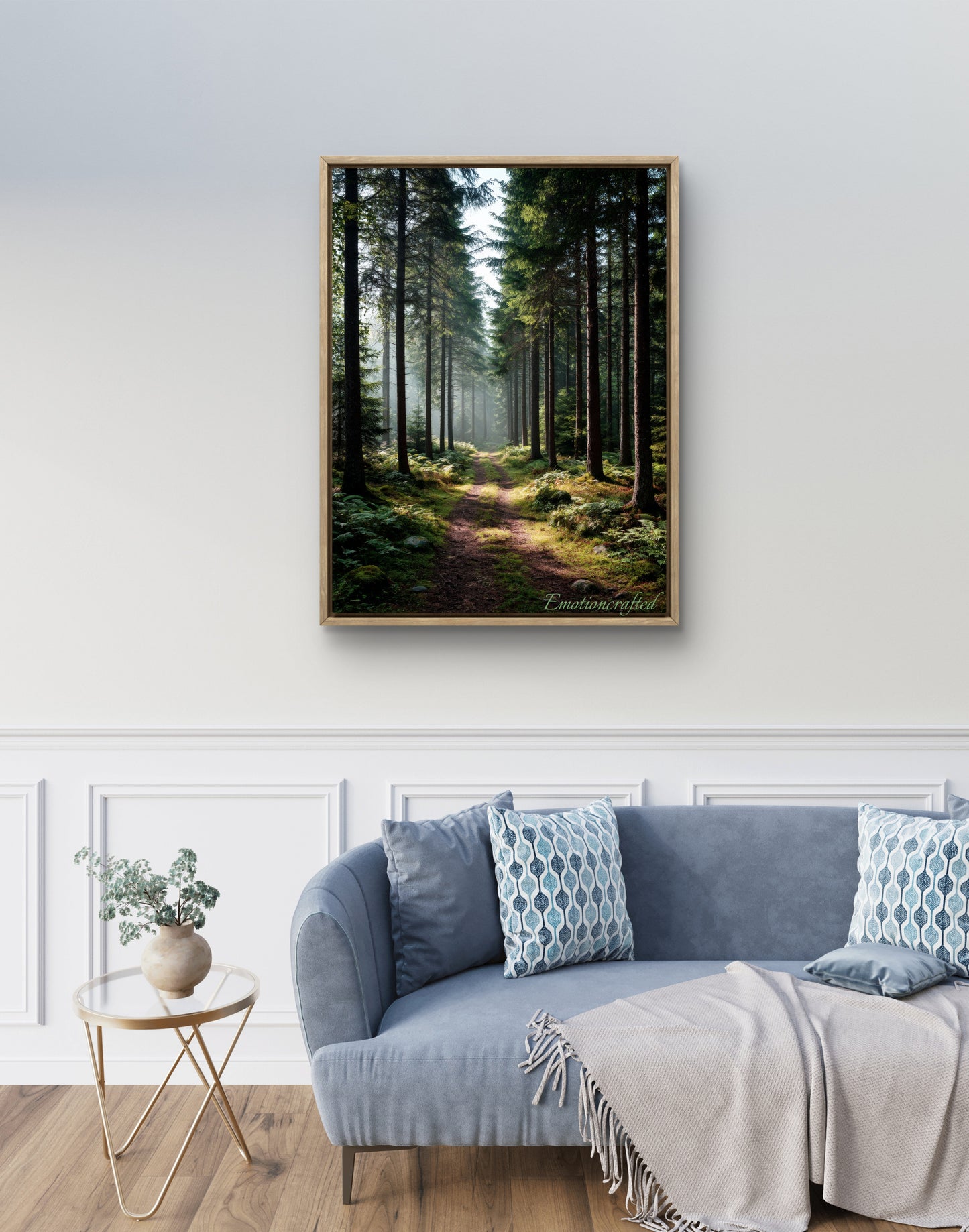 Sunlit Pine Forest Path Dark Green Landscape Wall Art