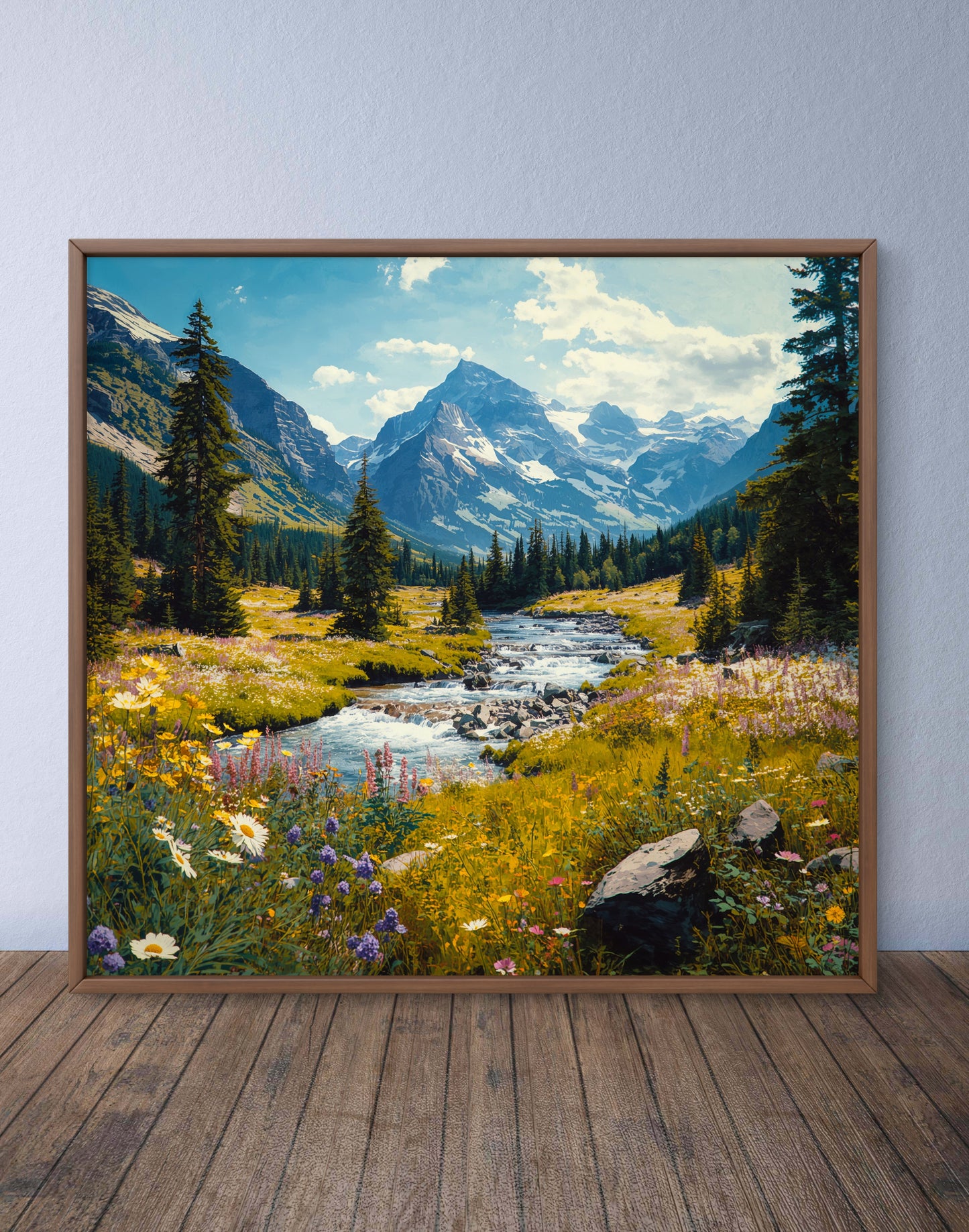 Mountain Landscape Wall Art, River Canvas Print, Nature Wall Decor, Square Wall Art, Framed Canvas, Living Room Art