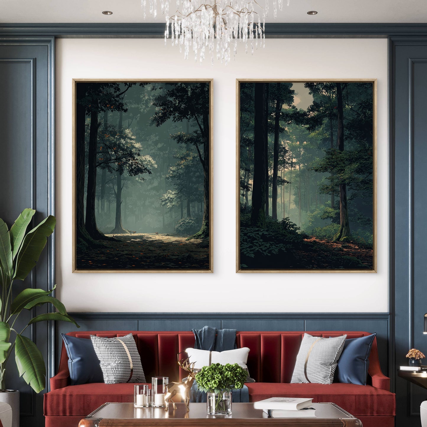 Neutral Moody Forest Wall Art Set of 2 | Green Landscape Canvas