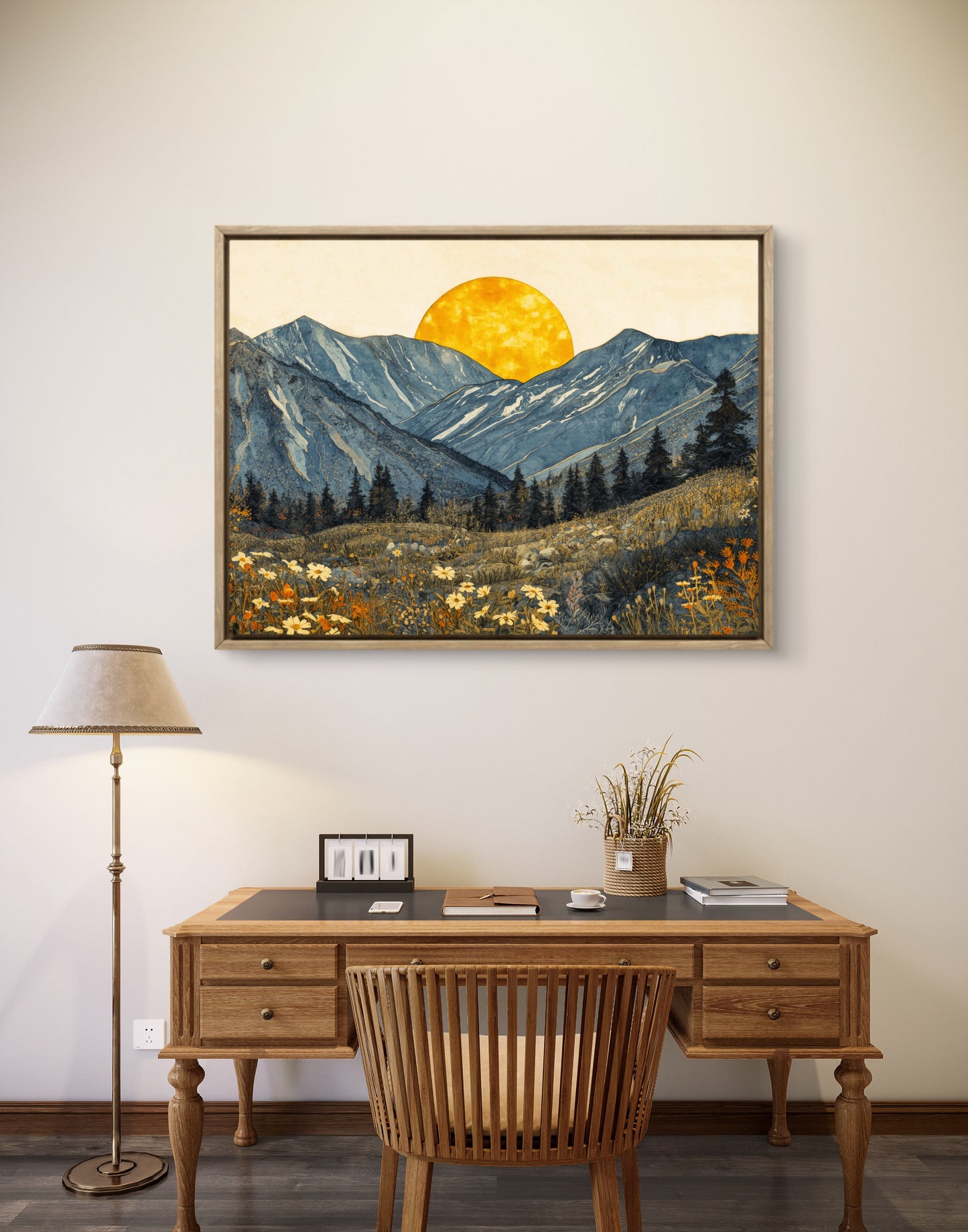 Boho Mountain Sunset Wall Art – Golden Sun Landscape Canvas