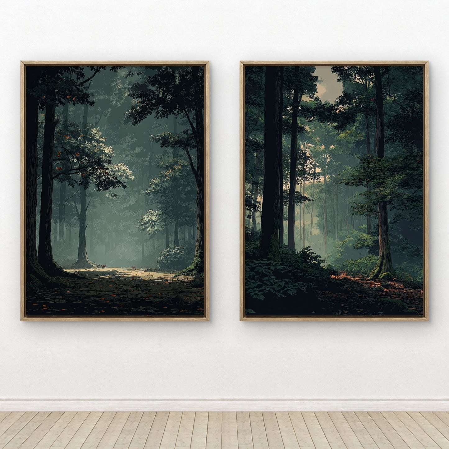 Neutral Moody Forest Wall Art Set of 2 | Green Landscape Canvas