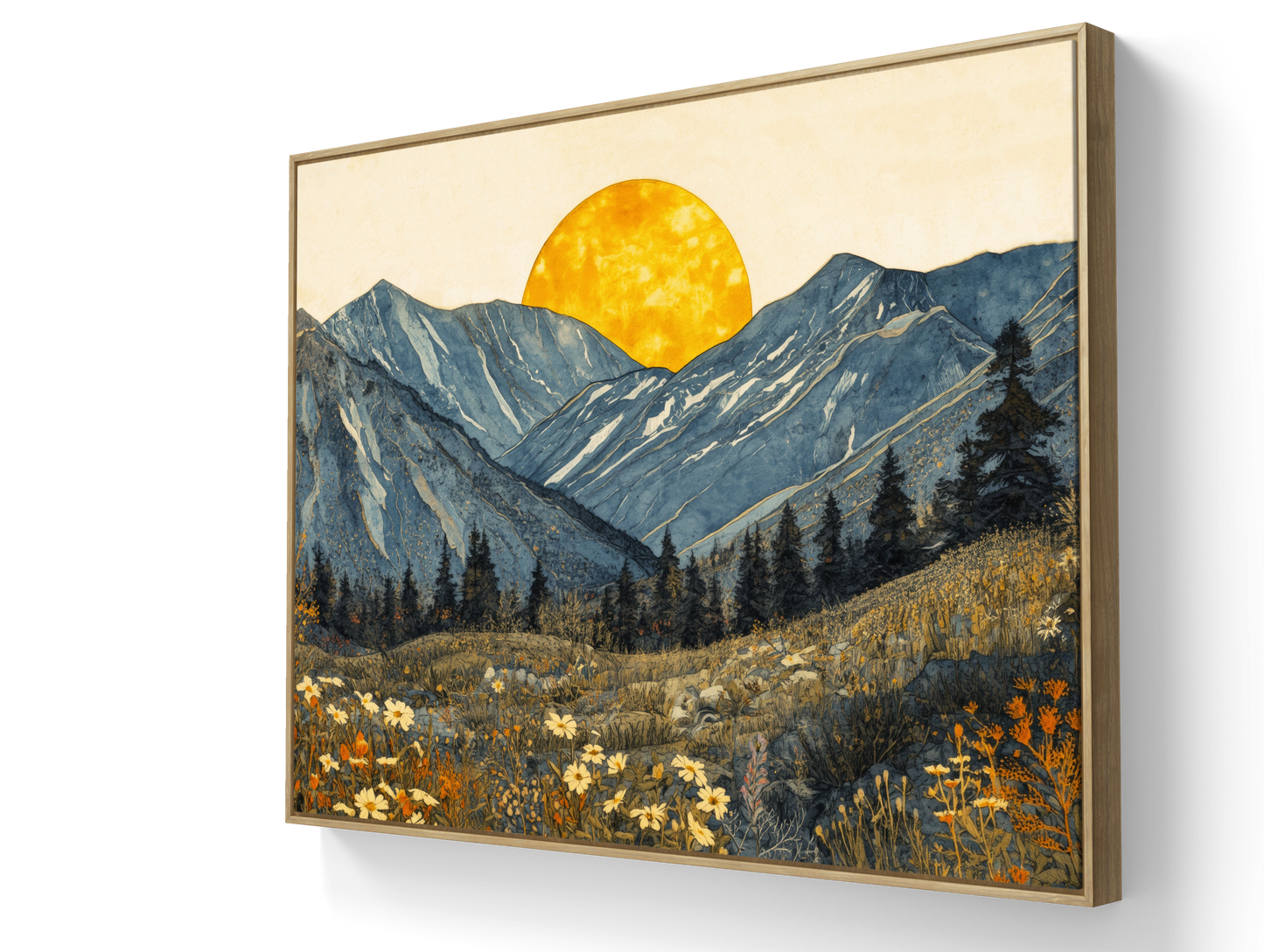Boho Mountain Sunset Wall Art – Golden Sun Landscape Canvas