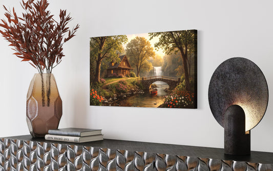 Riverside wooden cabin at golden hour with flowers