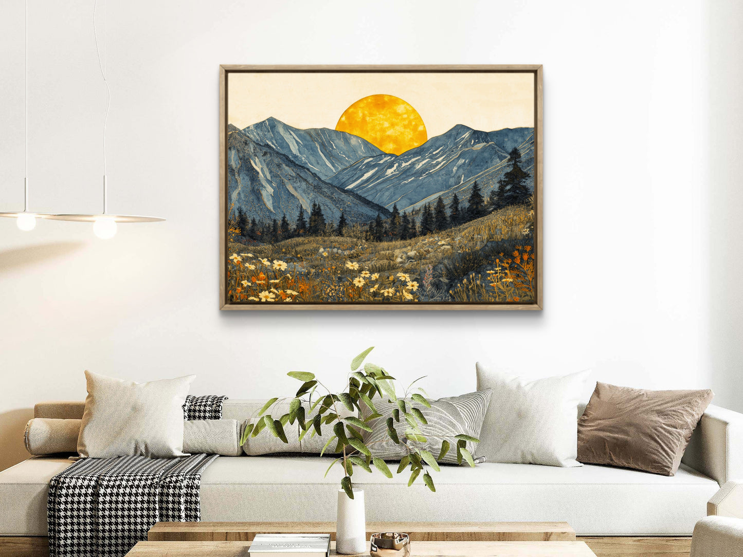 Boho Mountain Sunset Wall Art – Golden Sun Landscape Canvas