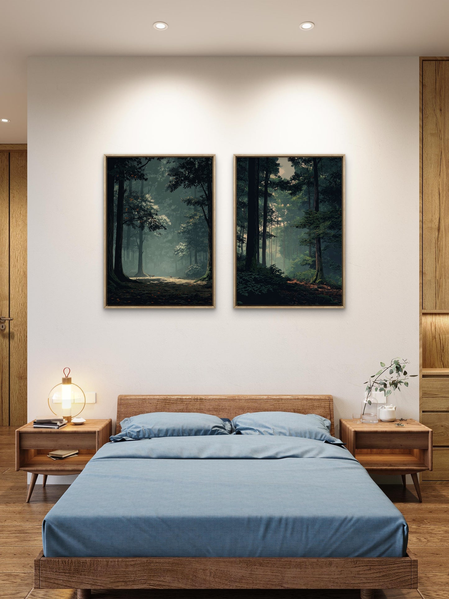 Neutral Moody Forest Wall Art Set of 2 | Green Landscape Canvas