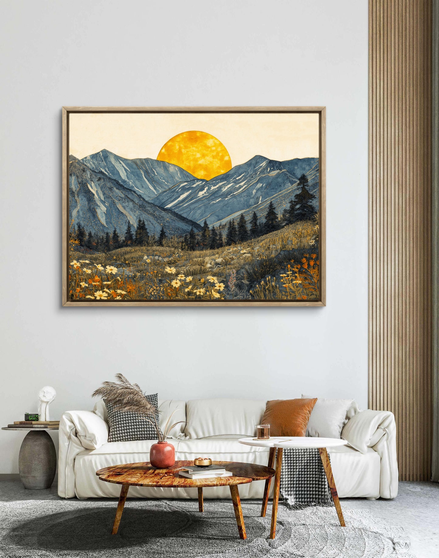 Boho Mountain Sunset Wall Art – Golden Sun Landscape Canvas