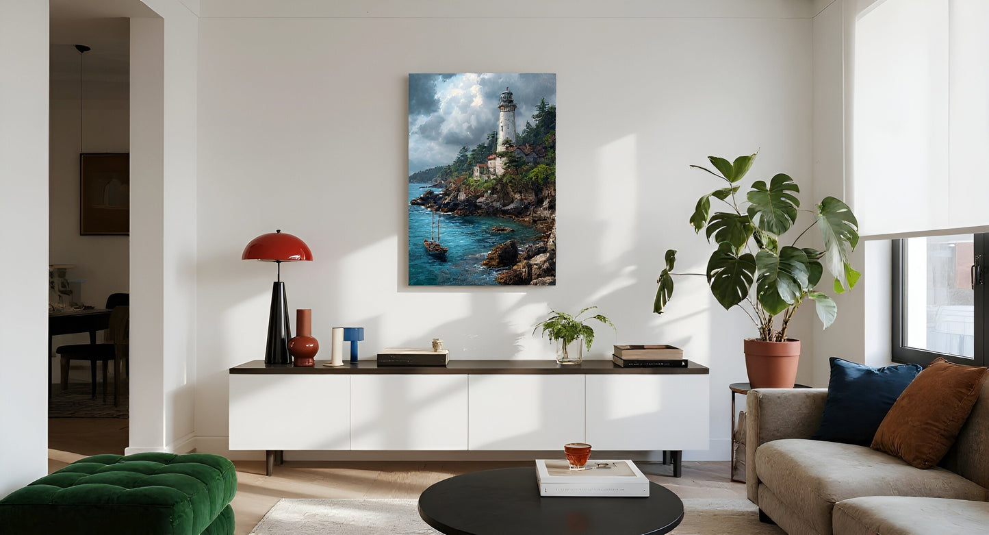 Guardians of the Shore — Lighthouse & Sailboat Wall Art