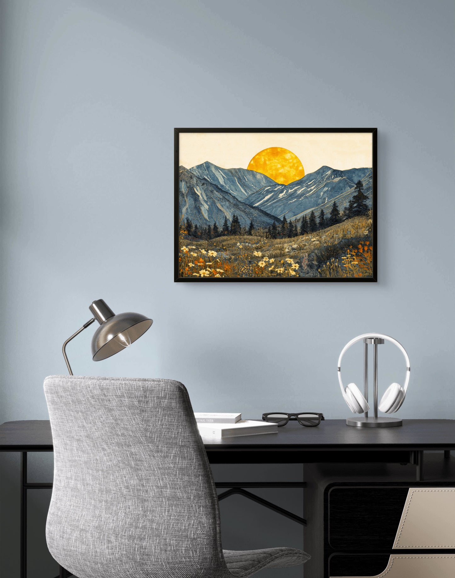 Boho Mountain Sunset Wall Art – Golden Sun Landscape Canvas