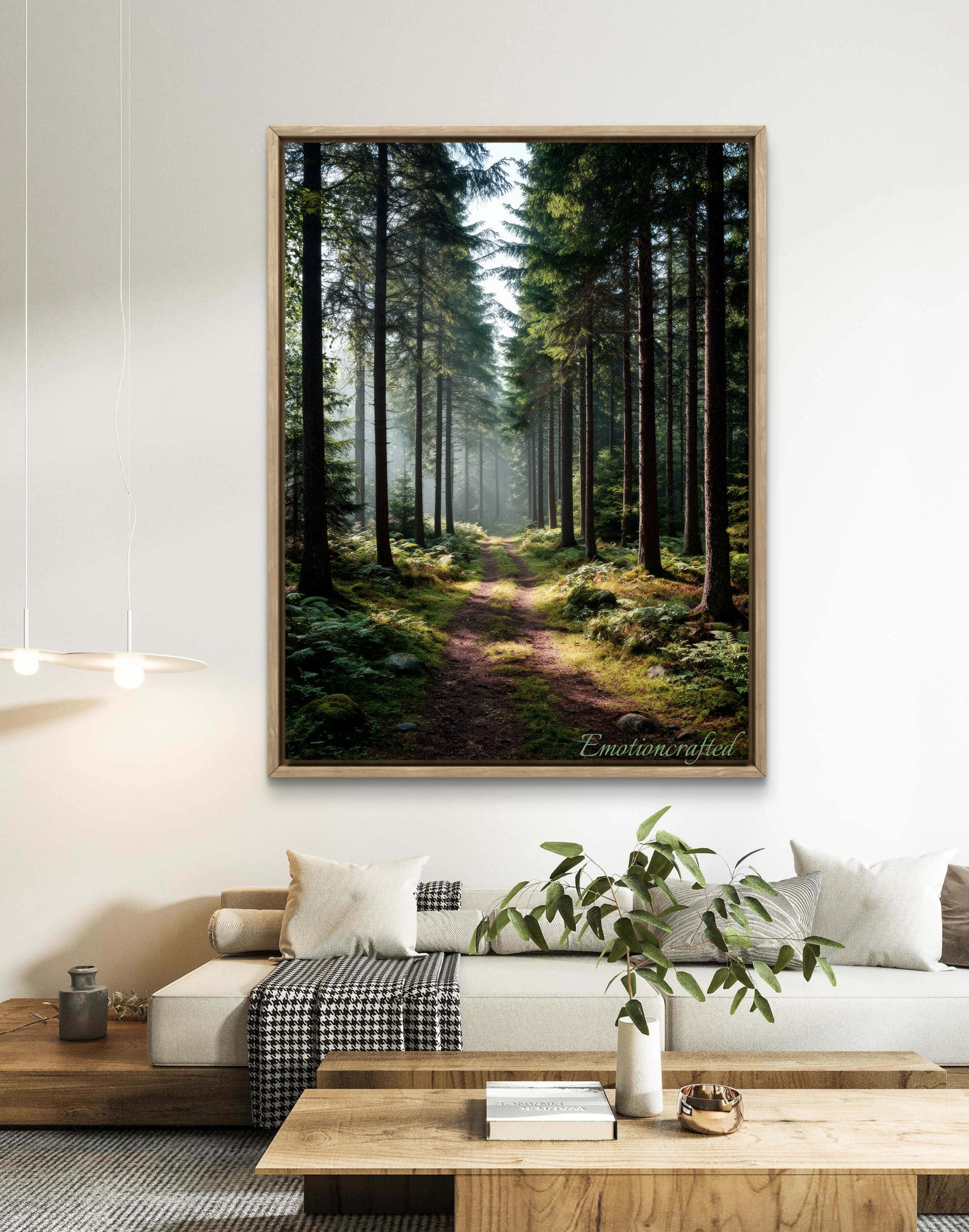 Sunlit Pine Forest Path Dark Green Landscape Wall Art
