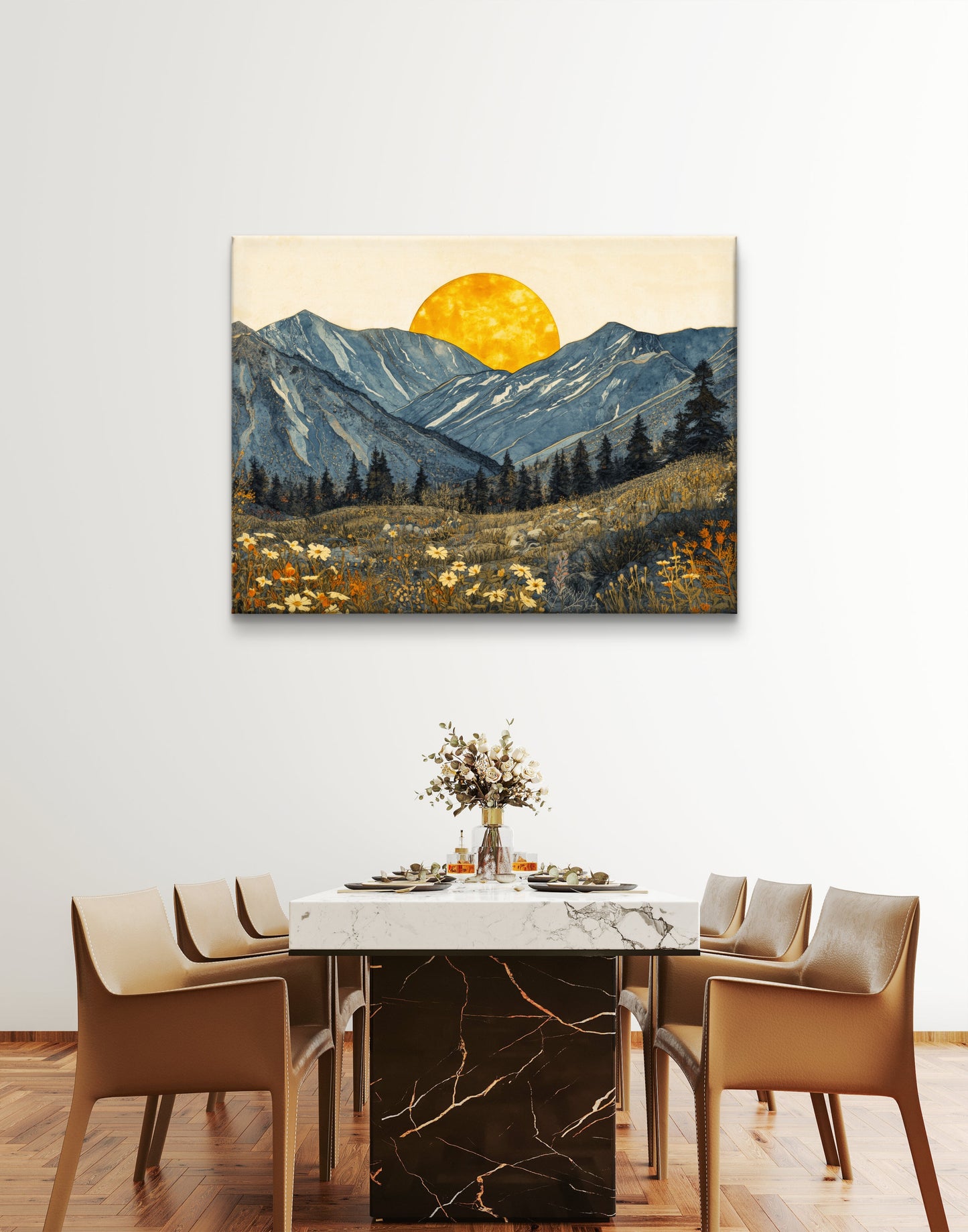 Boho Mountain Sunset Wall Art – Golden Sun Landscape Canvas