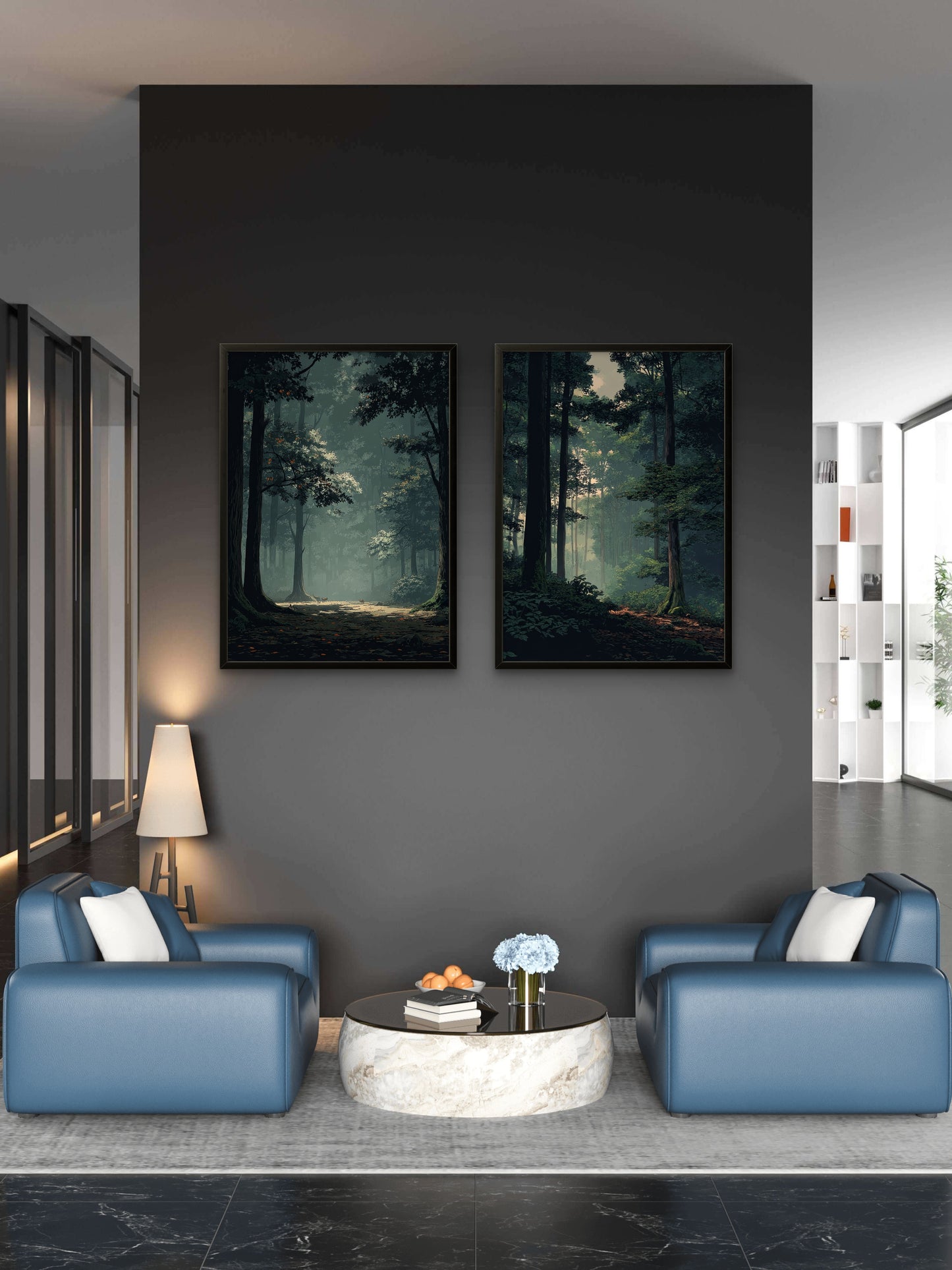 Neutral Moody Forest Wall Art Set of 2 | Green Landscape Canvas