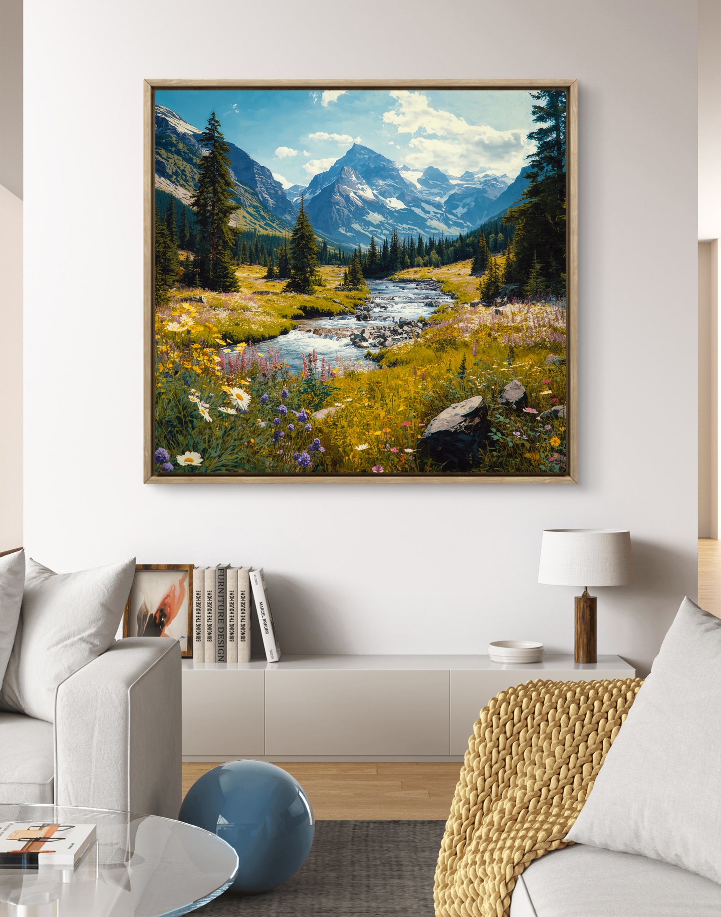 Mountain Landscape Wall Art, River Canvas Print, Nature Wall Decor, Square Wall Art, Framed Canvas, Living Room Art