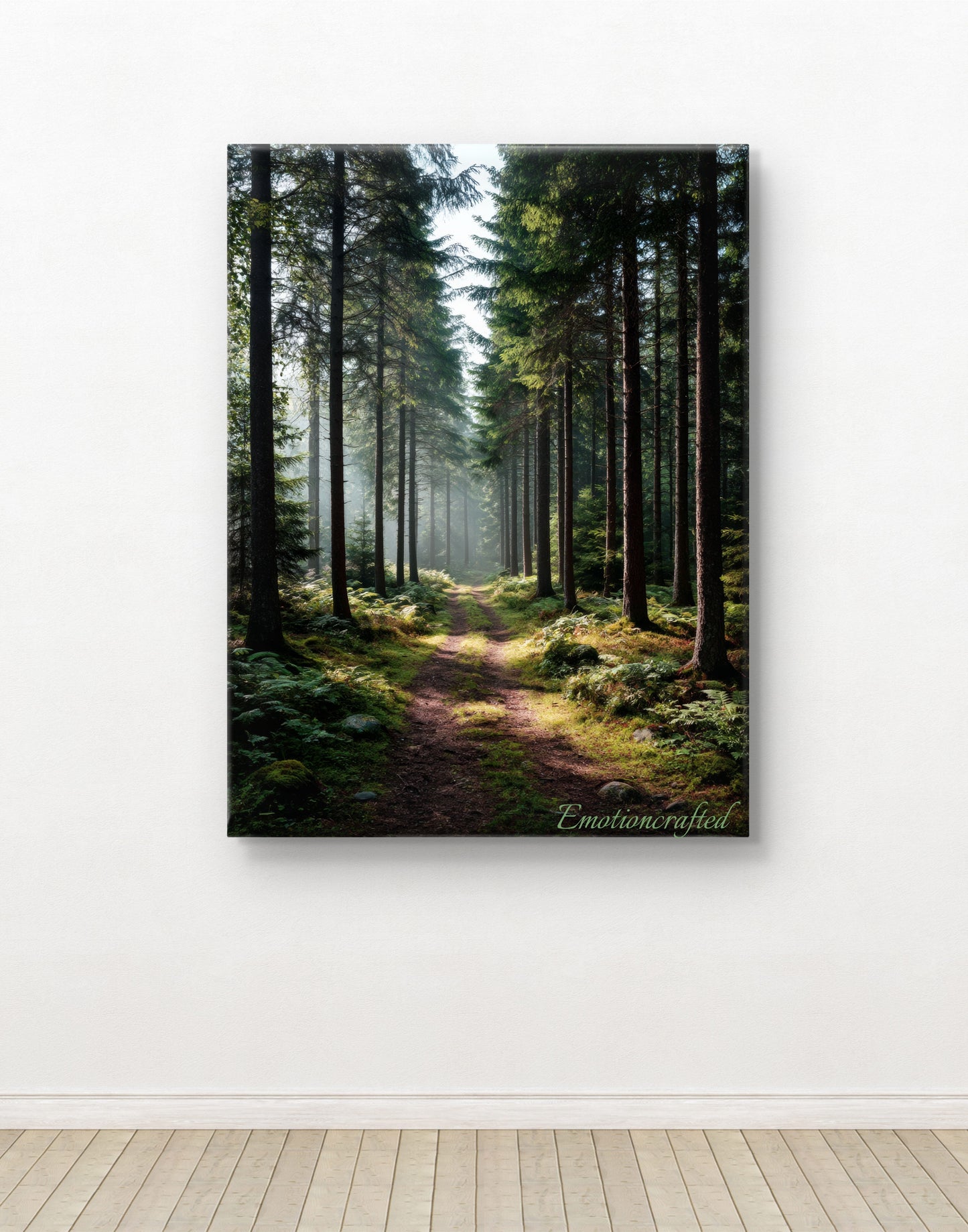 Sunlit Pine Forest Path Dark Green Landscape Wall Art
