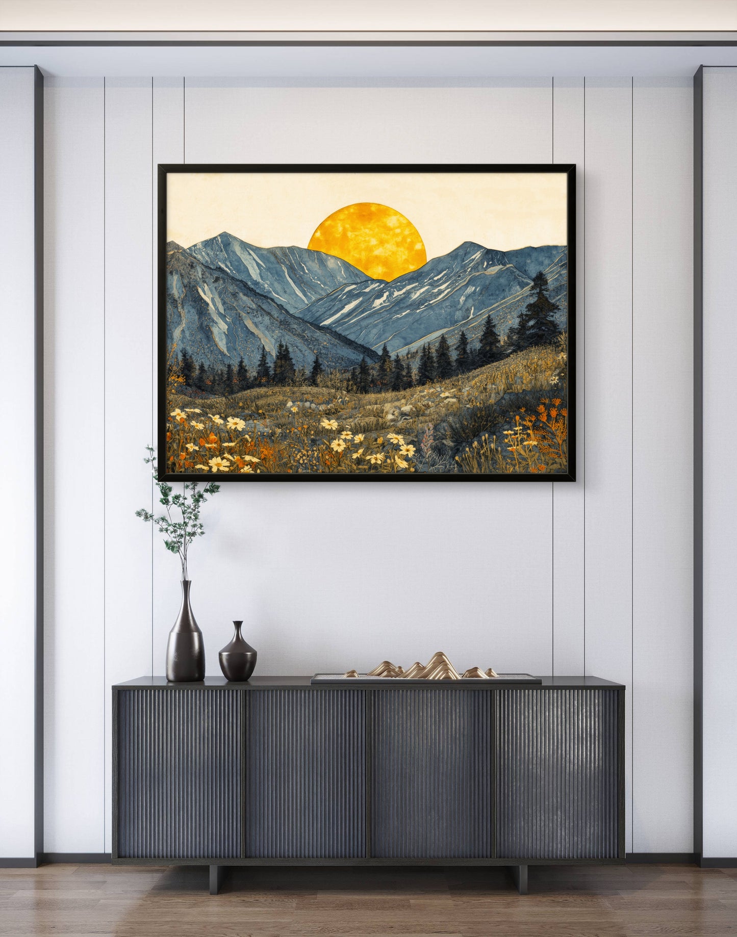 Boho Mountain Sunset Wall Art – Golden Sun Landscape Canvas