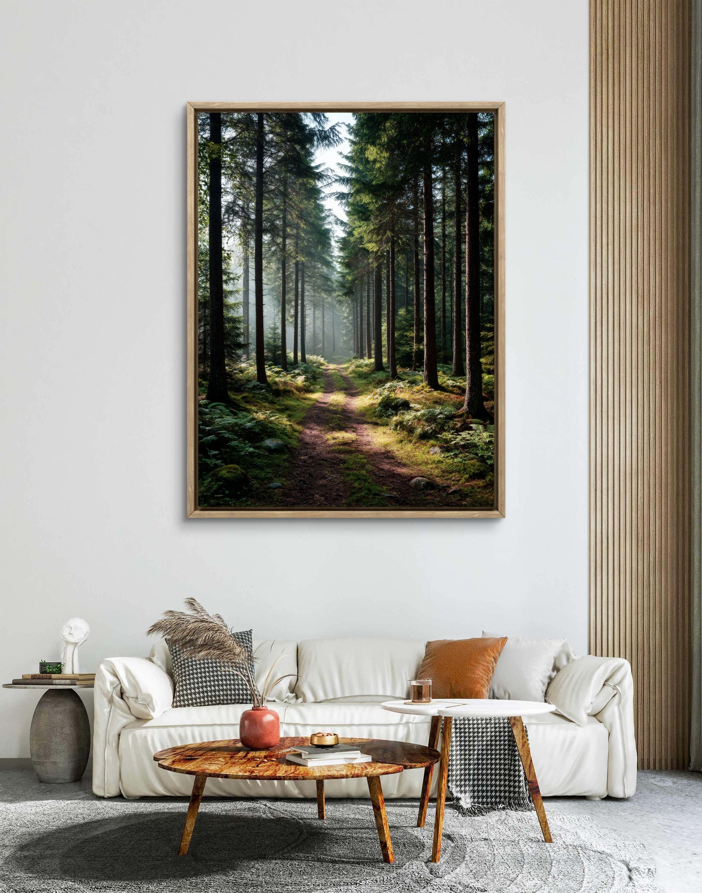 Sunlit Pine Forest Path Dark Green Landscape Wall Art