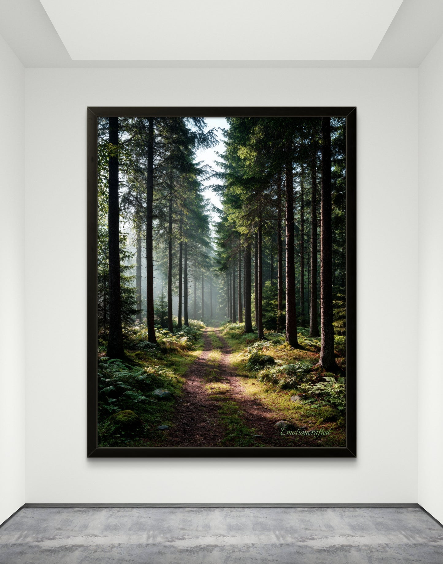 Sunlit Pine Forest Path Dark Green Landscape Wall Art