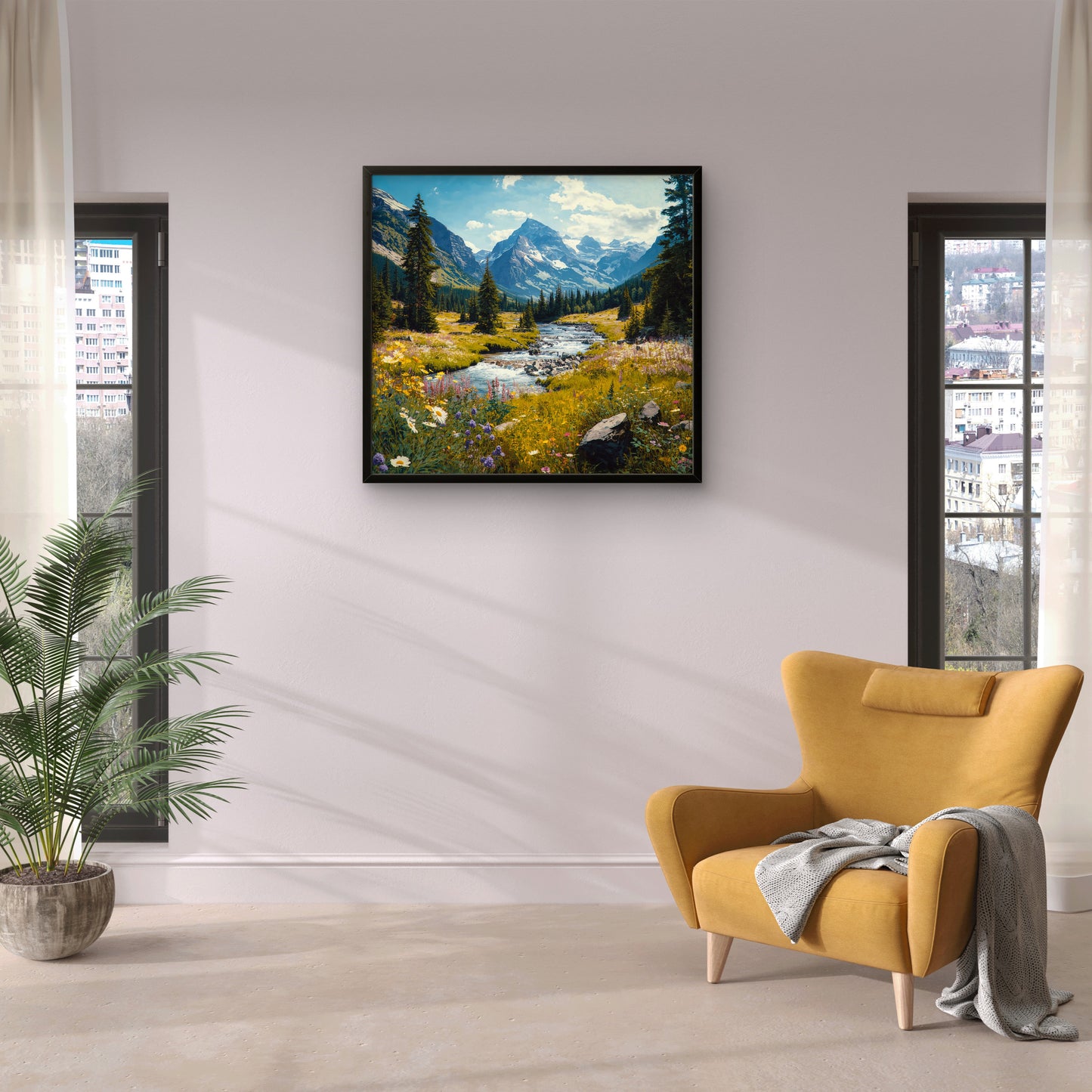 Mountain Landscape Wall Art, River Canvas Print, Nature Wall Decor, Square Wall Art, Framed Canvas, Living Room Art