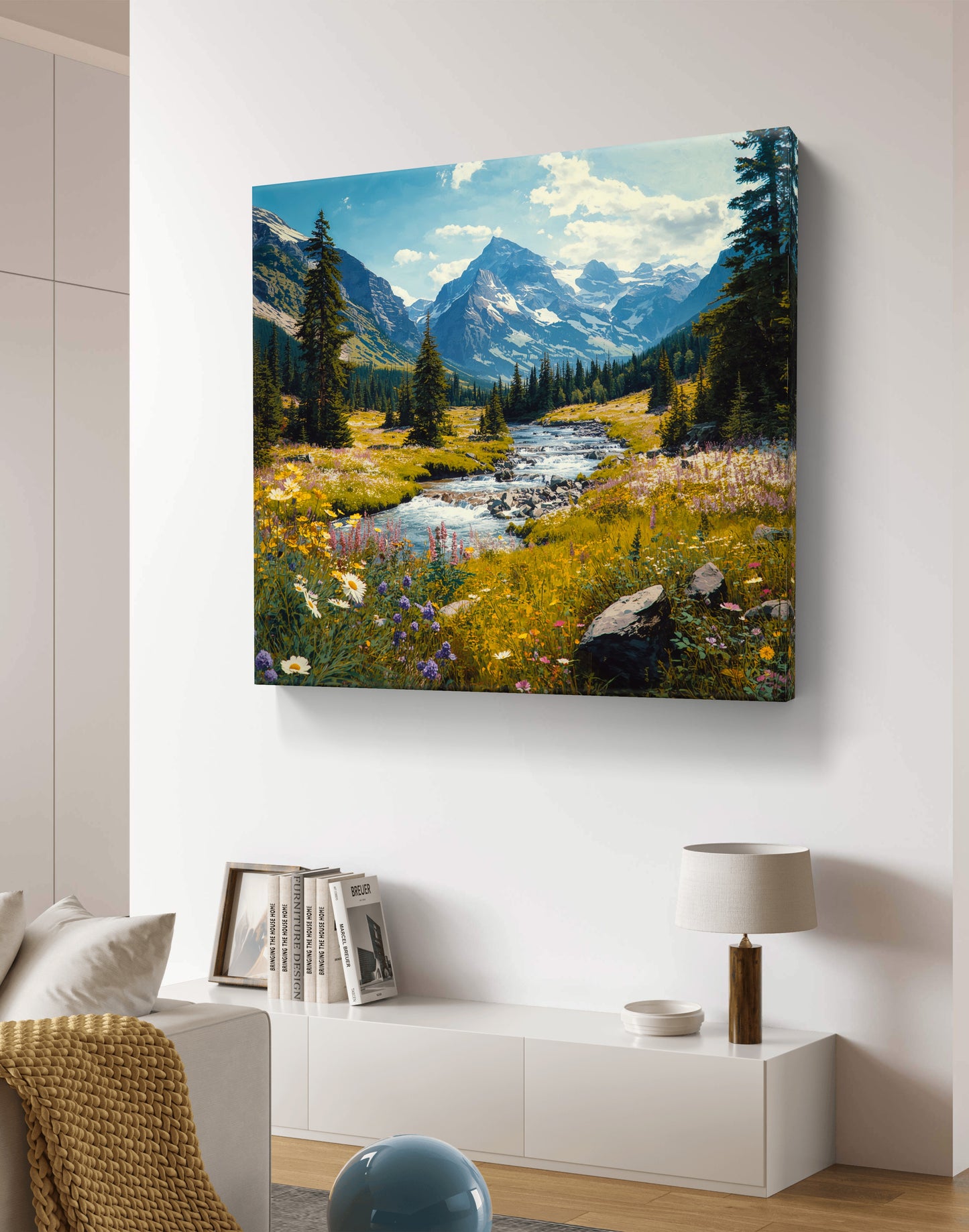 Mountain Landscape Wall Art, River Canvas Print, Nature Wall Decor, Square Wall Art, Framed Canvas, Living Room Art