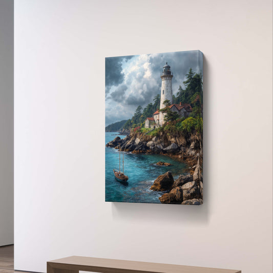 Guardians of the Shore — Lighthouse & Sailboat Wall Art