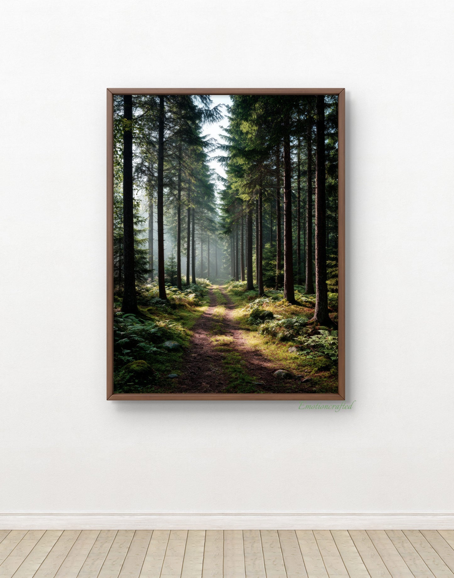 Sunlit Pine Forest Path Dark Green Landscape Wall Art