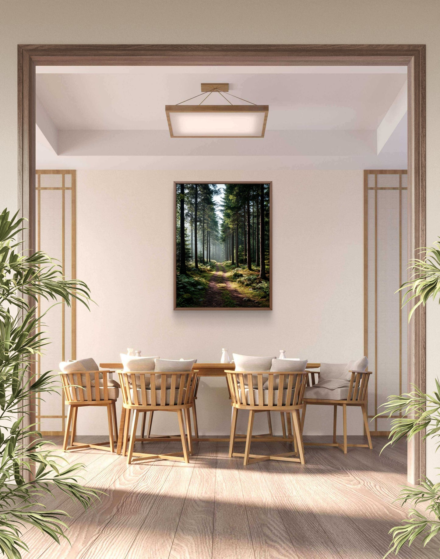 Sunlit Pine Forest Path Dark Green Landscape Wall Art