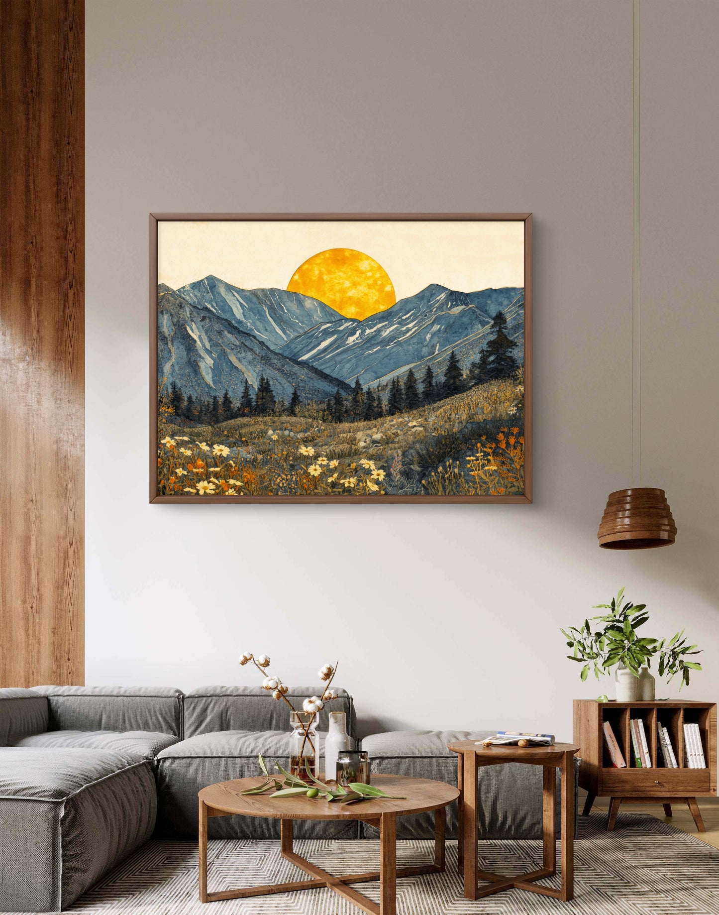 Boho Mountain Sunset Wall Art – Golden Sun Landscape Canvas