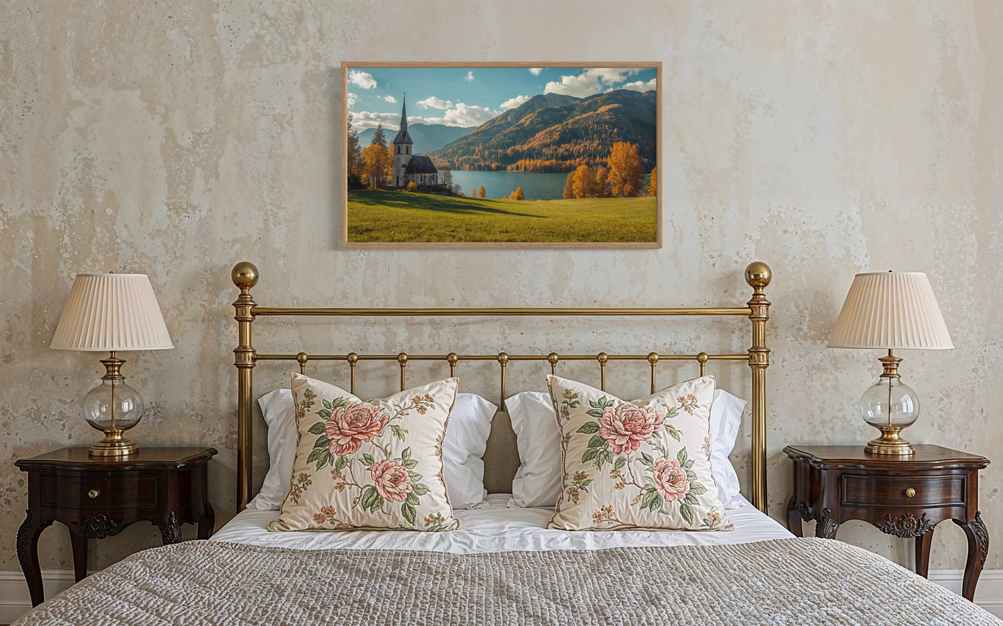 “Autumn Serenity – Church by the Lake Wall Art Print”