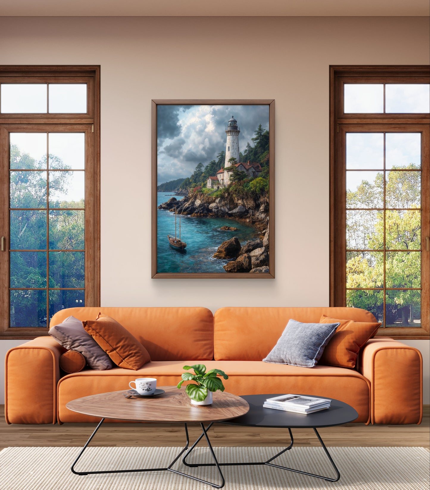 Guardians of the Shore — Lighthouse & Sailboat Wall Art