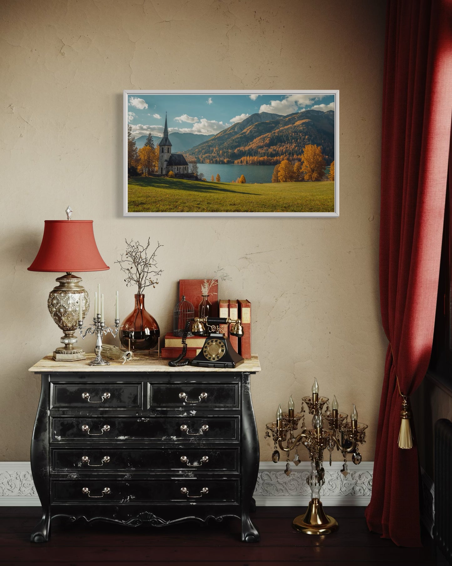 “Autumn Serenity – Church by the Lake Wall Art Print”